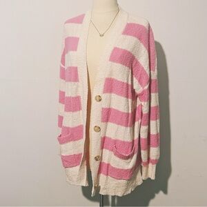 Loft Pink and White Striped Textured Cardigan Sweater